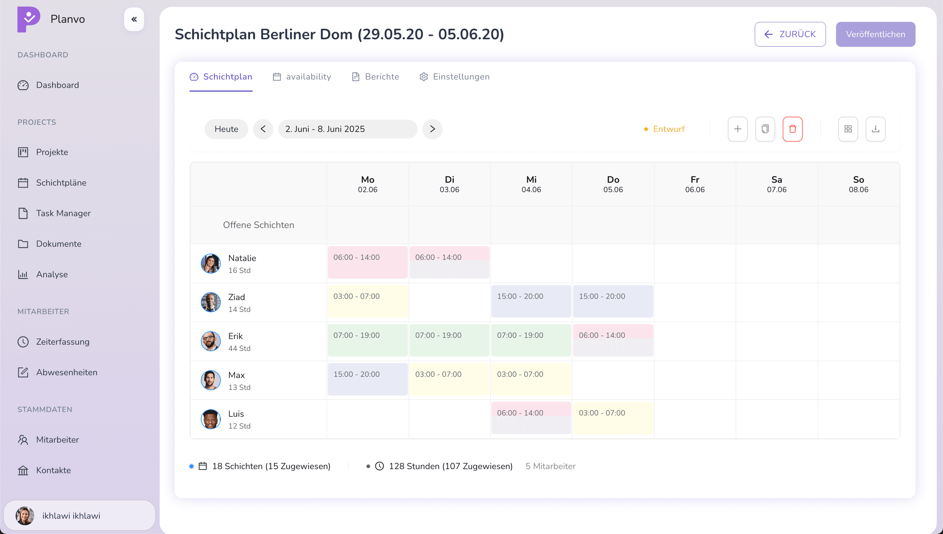 Planvo Schichtplan Software Interface