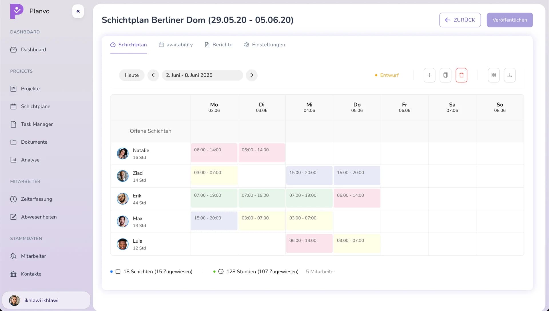 Planvo Schichtplan Software Interface