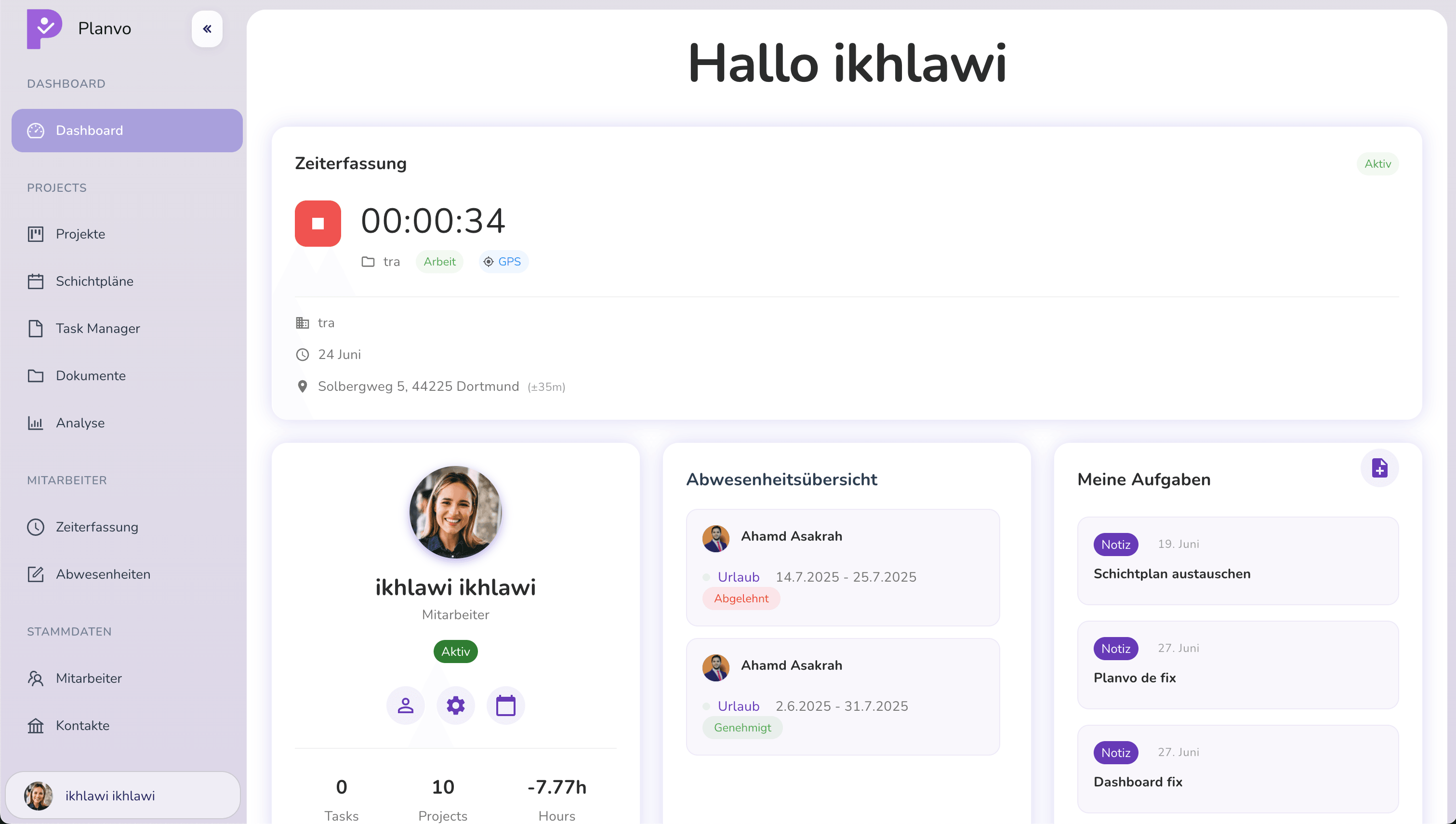 Planvo HR Dashboard - Hauptansicht