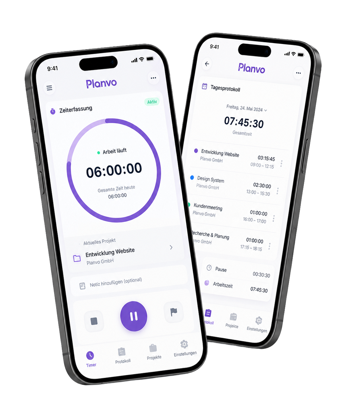 Planvo Mobile App auf dem iPhone – Zeiterfassung und Tagesübersicht