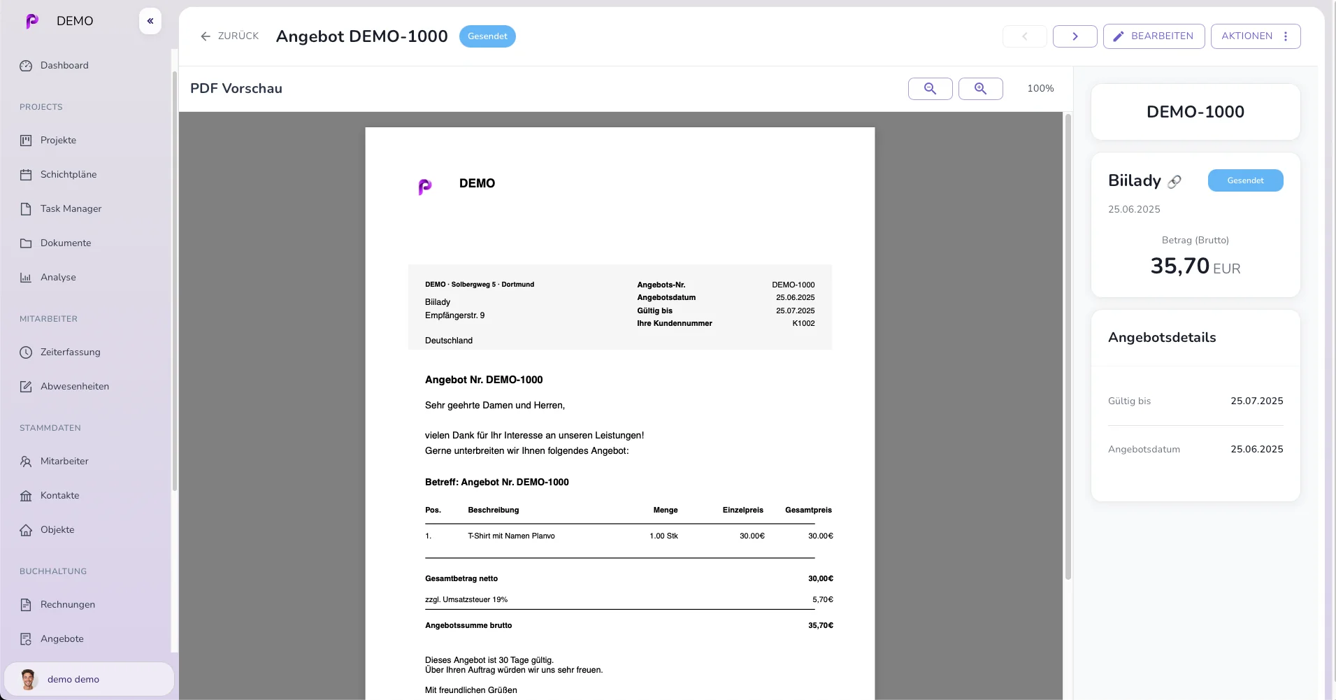 Planvo Angebot - Fertiges Angebot Beispiel