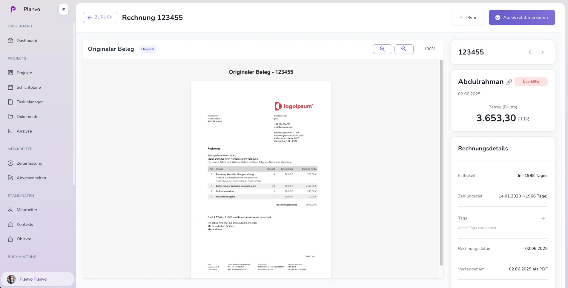 Rechnungsübersicht Dashboard